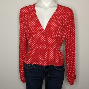 Free People red white polka dot v neck button up long sleeve top M